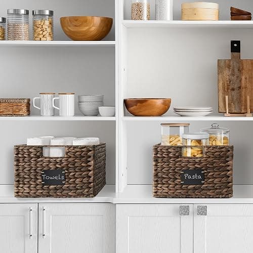 Casafield Set of 2 Water Hyacinth Pantry Baskets, 12-1/2" x 17" x 8", with Chalkboard Labels and Chalk Marker - Espresso, Woven Storage Bin Organizers for Kitchen Shelves thumbnail 2