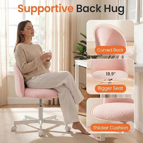 NEO CHAIR Office Vanity Chair with Wheels Comfy Desk Chair for Girls Cute Computer Small Armless Adjustable Height Swivel for Home Bedroom Task (Pink) thumbnail 3