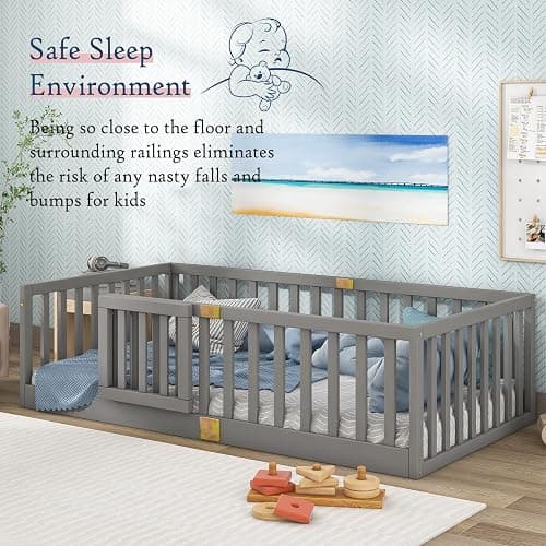Tatub Twin Montessori Floor Bed with High Rails, Solid Wood Montessori Bed Frame for Kids, Door Can Install Left and Right, Twin-Grey thumbnail 4