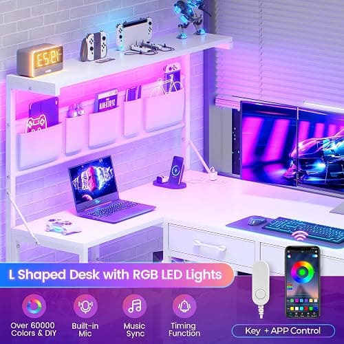 SEDETA Corner Computer Desk, Reversible L Shaped Computer Desk with Fabric Drawers and Power Outlet, 47.2” Gaming Desk with LED Lights, Storage Shelves and Hutch, White thumbnail 4