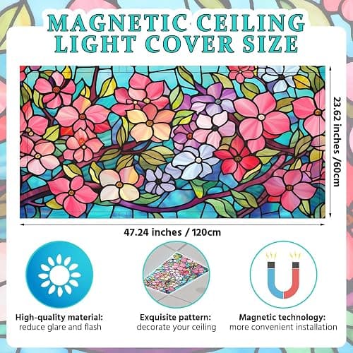 Glooglitter 4 Pcs Colorful Floral Fluorescent Light Covers 4 x 2 ft Stained Glass Magnetic Office Light Cover for Ceiling with 10 Magnets Filter Reduce Glare for Classroom School Home thumbnail 3