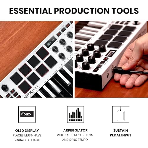 Akai Professional MPK Mini MK3-25 Key USB MIDI Keyboard Controller With 8 Backlit Drum Pads, 8 Knobs, Music Production Software and Native Instruments Sound Package (NKS Integration), White thumbnail 5