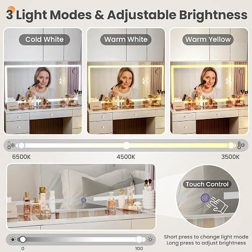 Pamapic Glass Top Vanity Desk with Crystal Handles and 11 Drawers, Makeup Vanity with Mirror and Lights, 3 Lighting Modes Dressing Table, Power Outlet, Silent Slides, White thumbnail 9