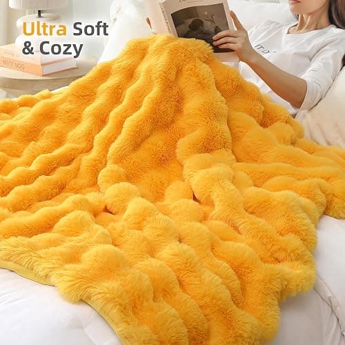 Smoofy Faux Fur Throw for Couch - Mustard Yellow Bubble Blanket 50"x60" | Fluffy Plush Fuzzy Throw for Sofa & Bed, Super Soft Cozy Comfort Blanket, Luxury Aesthetic Yellow Decor Gift for Women thumbnail 4