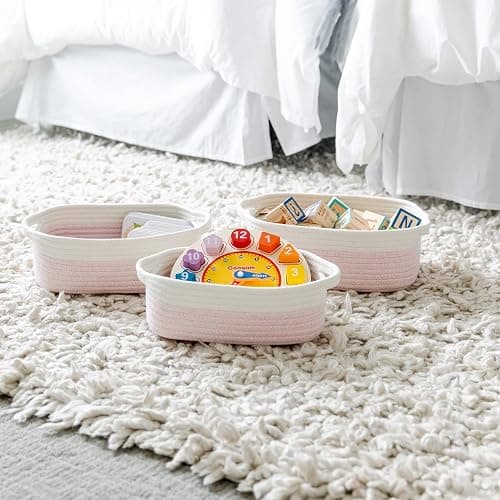 NaturalCozy 5-Piece Rectangle Storage Basket Set- Natural Cotton Rope Woven Baskets for Organizing! Small Basket for Montessori, Baby Nursery, Dog Toy Baskets, Cat Toy Box, Bathroom Organization Bin thumbnail 8