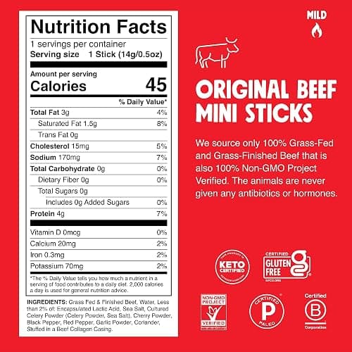 Chomps Original Beef Chomplings, Grass-Fed & Finished, 24ct, Protein Snack | Beef Jerky, Original Grass-Fed And Finished Beef Sticks With Zero Sugar, Certified Gluten Free, Keto Friendly, Whole30 thumbnail 2