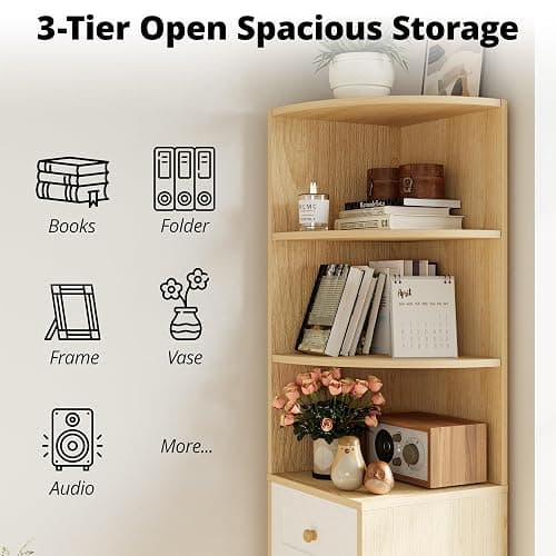 IRONCK Corner Bookshelf and Bookcase, 71" H Wooden Book Shelves 3 Tier with Drawers and Storage Cabinet for Living Room, Office, Bedroom, Oak and White thumbnail 4
