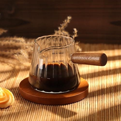 Joeyan 6 oz Glass Measuring Cups with Spout,Borosilicate Glass Triple Pitcher with Scale,Origami Style Espresso Shot Glasses with Wood Handle for Coffee Milk,Dishwasher Safe thumbnail 2