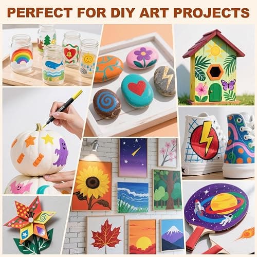 SUNEE 48 Colors Acrylic Paint Markers, Dual Tip Bullet & Brush Paint Pens with Automatic Ink Control System, Art Supplies for Adults & Teens, for Rock, Wood, Canvas, Glass Creative Projects thumbnail 4