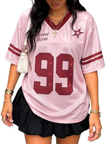 Adenorah Womens Oversized T Shirts V-Neck Streetwear Jersey Graphic Tees Mens Retro Hip Hop Mesh Summer Tops - Image 1
