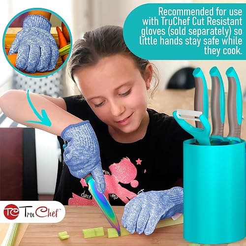 TruChef 5-Piece Kids Cooking Chef Knife Set | Real Stainless Steel Knives with Peeler, Serrated Knife & Holder | Kids Safe Rounded Tips, Easy-Grip Handles | Kitchen Knife Set (5 pcs, Aqua) thumbnail 4