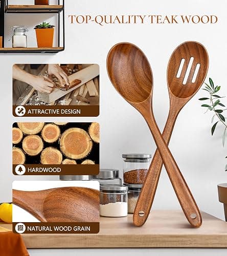 2Pcs Wooden Spoons for Cooking, Natural Premium Teak Wooden Spoon & Slotted Spoon, Good Grip Large Cooking Spoons Spatula, Heat Resistant Wooden Kitchen Cooking Utensils Set for Nonstick Cookware thumbnail 4