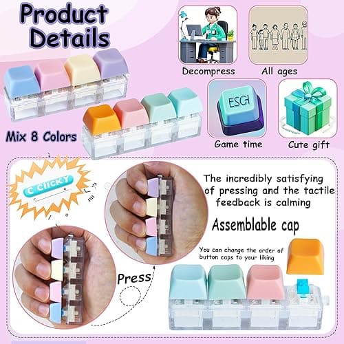 2 PCS Keyboard Fidget Toy, Keyboard Fidget Keychain 4-in-1 Keyboard Decompression Button Finger Clicker Toys, Button Stress Relief Fidget Gifts to Relief Stress (Purple Blue Pink Orange) - Purple Blue Pink Orange thumbnail 4