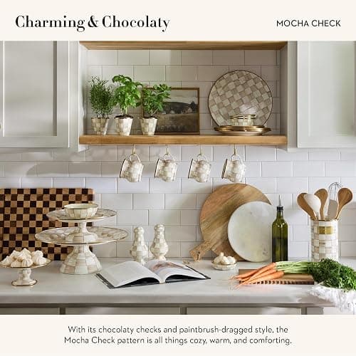 MACKENZIE-CHILDS Enamel Pedestal Platter, Round Cake Stand, Mini, Brown-and-White Mocha Check thumbnail 2