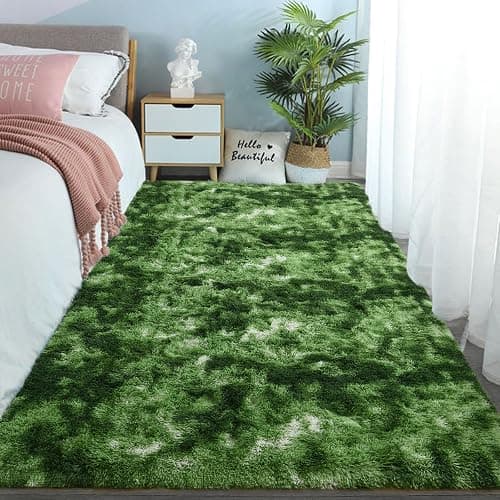 DweIke Fluffy Dark Green Rugs for Bedroom Living Room, 4x6 Feet Soft Plush Shaggy Tie-Dyed Forest Moss Green Girls Boys Kids Rug, Non-Slip and Machine Washable Carpet for Dorm Nursery Decor thumbnail 7