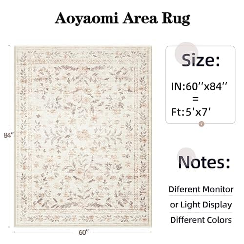 Rugs for Living Room 5x7 Rug, Washable Floral Boho Area Rug Non Slip Soft Low Pile Large Rugs for Bedroom Girls, Dining Room, Office, Kids Playroom(5'x7', Floral Beige) thumbnail 2