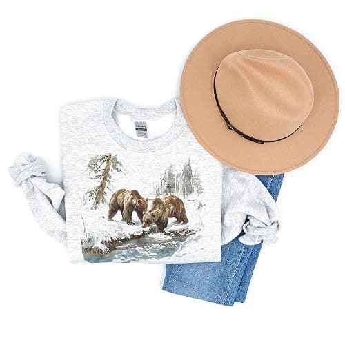 Vintage Grizzly Bear Wilderness Scene Sweatshirt - 90s Vintage Brown Bear Sweatshirt - Scenic Winter Nature Sweater - Unisex Graphic Crewneck Sweatshirt thumbnail 5