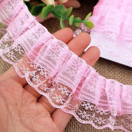 Lace Ruffle Trim for Crafts 1-5/8"x5yd 2-Layer Pleated Edge Lace Ribbon (Pink) - Image 1