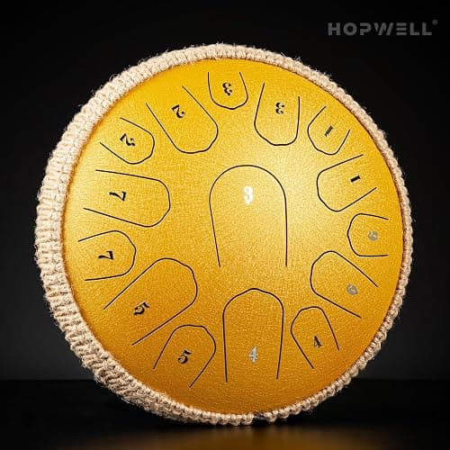 HOPWELL Steel Tongue Drum - 13 Inches 15 Notes Tongue Drum - Hand Pan Drum with Music Book, Drums Mallets and Carry Bag, D Major (Yellow) thumbnail 2