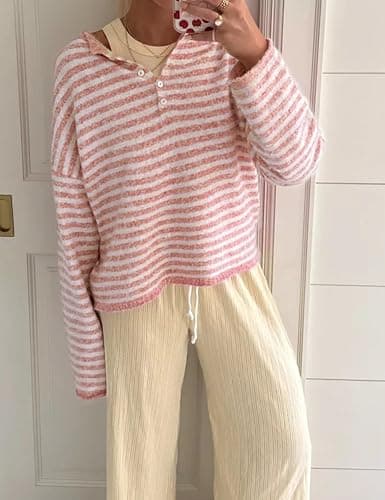 Watashi Women Striped Henley Sweater Long Sleeve Knit Top | Brushed Texture Oversized Rolled Edge Casual Loungewear Tops Spring Fall Knitwear Button Placket Pullover thumbnail 2