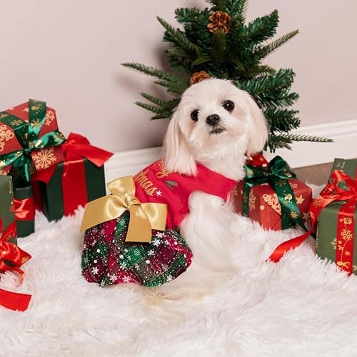 Fitwarm Merry Woofmas 100% Cotton Dog Christmas Outfits Girl Dog Holiday Dress Lightweight Doggie Costume Puppy Clothes Pet Apparel with Bowknot Cat Clothing Red Small thumbnail 5