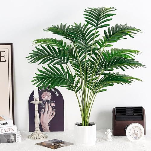 Der Rose 28" Fake Palm Tree in White Pot Fake Plants Porch Outdoor Decor | Easy-care artificial plants with adjustable fronds add layered tropical greenery to home, bathroom, porch, patio decor indoor thumbnail 7