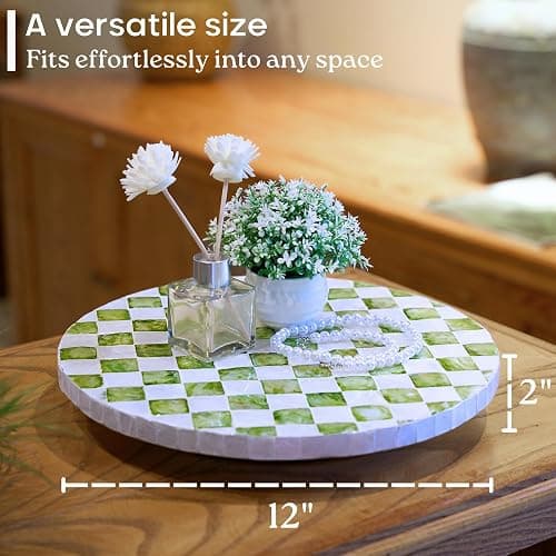 CHI AN HOME 12" Checkered Lazy Susan for Tabletop, Handcrafted Mother of Pearl Turntable Organizer for Kitchen Counter, Coffee Table, Bathroom, Dining or Organizing (Pistachio Green) thumbnail 3