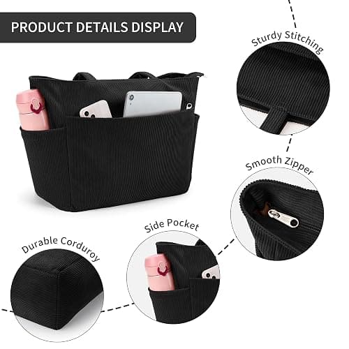 KALIDI Large Corduroy Bag With Zip, Multiple Pockets For Work And College, Simple Solid Colour Style thumbnail 2