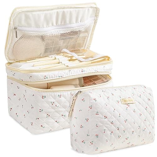 HBselect 2Pcs Travel Makeup Bag, Large Cotton Quilted Makeup Bag Cosmetic Bag Cute Make up Bag Toiletry Bags for Women Girls - Image 1
