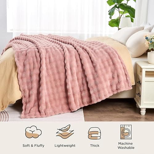 Wajade Soft Fleece Throw Blanket for Couch, 3D Small Bubble Decorative Cozy Fuzzy Flannel Blanket 60x80 Inches， Lightweight Warm Blanket for Bed Office, Pink - Pink - Twin- 60" x 80" thumbnail 6