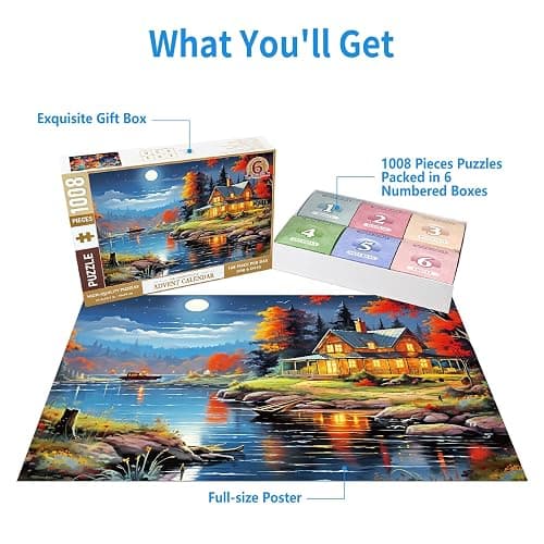 1000 Piece Puzzle for Adults, Advent Puzzle Maple Cabin 1000 Pieces Puzzles for Adults Teens Kids, Forest Cabin 1000 Pieces Jigsaw Puzzles 6 Days Holiday Puzzles Countdown to Weekend Gift thumbnail 6