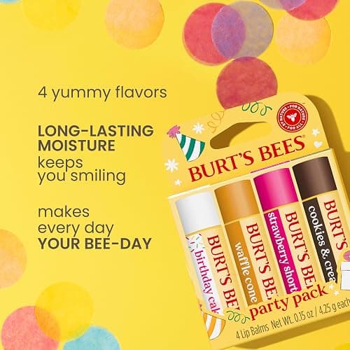 Burt's Bees Lip Balm Party Pack - Birthday Cake, Waffle Cone, Strawberry Shortcake, and Cookies & Cream, All Day Moisturizer, Tint-Free, Natural Origin Conditioning Lip Treatment, 4 Tubes, 0.15 oz. thumbnail 2