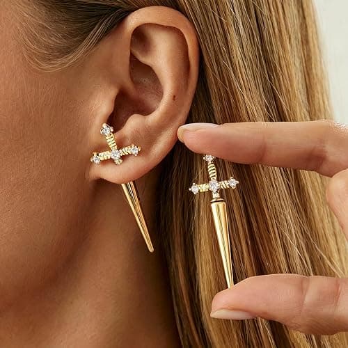 ONLYJUMP Rhinestone Sword Earrings for Women Gothic Retro Dagger Screw Earrings Cubic Zirconia Punk Front Back Stud Earrings Unique Halloween Costumes Jewelry thumbnail 3
