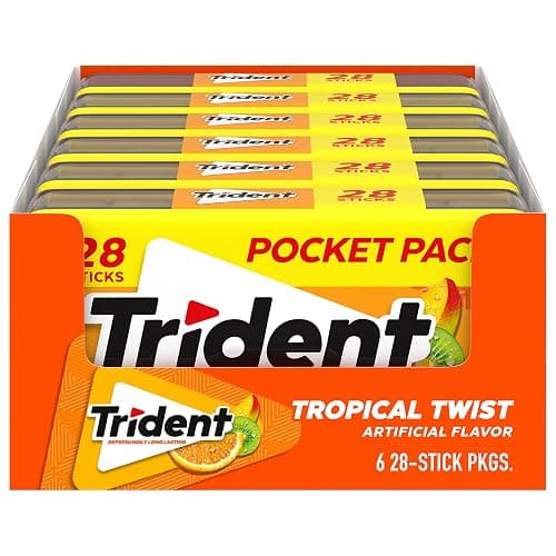 Trident Tropical Twist Sugar-Free Chewing Gum, 6 Pocket Packs of 28 Pieces (168 Total Pieces) - Image 1