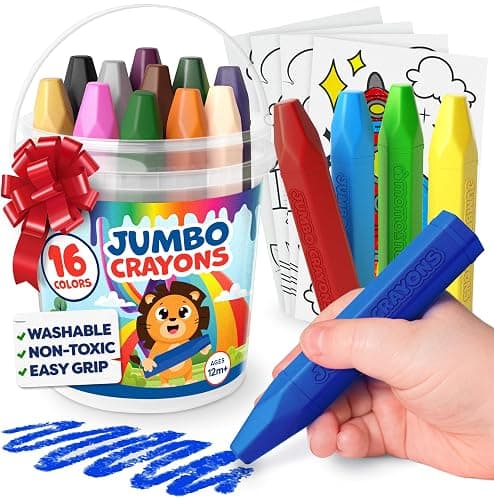 Jumbo Crayons for Toddlers 1-3 - 16pc Toddler Baby Crayons for Kids Ages 4-8 1-3 2-4 - Printed & PDF Coloring Sheets Non Toxic Washable Classroom Must Haves, Christmas Stocking Stuffers for Toddlers - Image 1