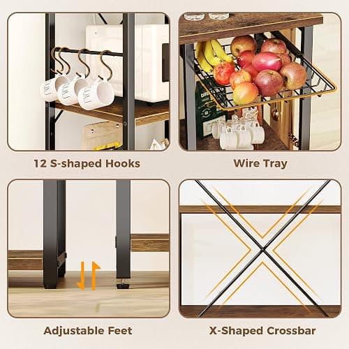 SUPERJARE Large Bakers Rack with Power Outlets, 6-Tier Microwave Stand, Coffee Bar with 12 S-Shaped Hooks, Kitchen Shelf with Wire Basket, 39.4 x 14.6 x 66.9 Inches, Rustic Brown thumbnail 6