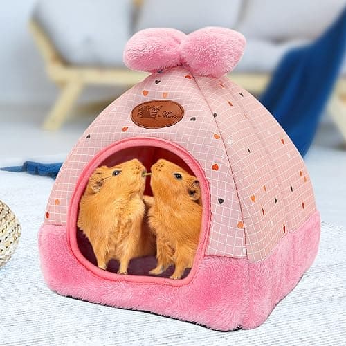 YUEPET Bunny Bed, Rabbit Hideout, Guinea Pig Cave Bed, Pink Grid | Bunny Hideout, Enclosed Cave Design, Removable Cushion, Foldable Rabbit Hideaway Design, Pink Grid with Bow, Indoor Cage Use thumbnail 6