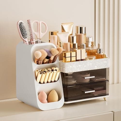 HBlife Makeup Organizer with Brush Holder for Vanity, Large Plastic Bathroom Countertop Organizer Skin Care Storage, Easy to Store Lipsticks, Nail Polishes, Perfumes, Eyeshadow Palettes, Pearl White thumbnail 3