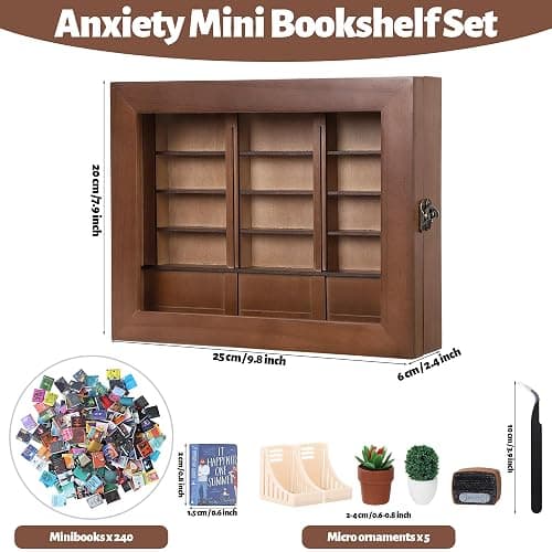 CapyBud Anxiety Bookshelf Mini Books Display for Stress Relief and Fun Decor Small Decorative Miniature Library Potted Plants Mini Radio for Book Lovers Gifts, Home, Office Decor, Walnut Brown, Large thumbnail 3
