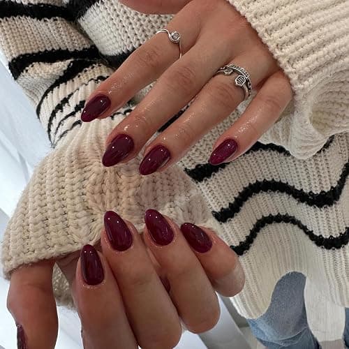 Wine Red Press On Nails Short Oval,KQueenest Thick Acrylic Nails Press Ons,Short Almond Nails Glue on,Natural Round Fake Nails,Burgundy One Color Gel Stick On Nails Set For Tiny Average Wide Nail Beds - Image 1