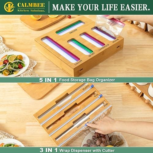 Calmbee 9 IN 1 Storage Bag Organizer for Kitchen Drawer, Bamboo Foil and Plastic Wrap with Cutter, Organizers Compatible Gallon, Quart, Sandwich Snack Size thumbnail 6