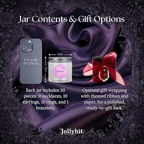 Jollyhit Gift-Ready Mystery Jewelry Jar – 30pcs Colorful Gothic Witchy Surprise Box for Women, Spooky Season Costume Jewelry Set with Necklace, Earrings, Rings & Bracelets – Halloween Witchcraft Vampire Skeleton Gift thumbnail 3