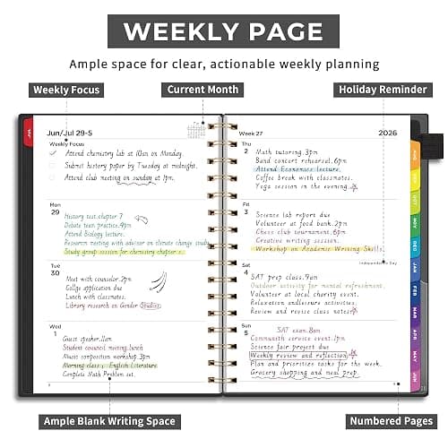 EMSHOI Academic Planner 2026-2027, Weekly and Monthly Calendar (July 2026 - June 2027), School Student Teacher Agenda Book, 100GSM Paper, PVC Cover, Colorful Tabs, A5 (6.38" x 8.35"), Black thumbnail 3