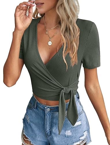 Crop Tops for Women Summer Cute Tops with Deep V Neck Shirts Sexy Unique Cross Wrap Slim Fit Tie Up Front Short Sleeve - 103-grey Green - Small thumbnail 3