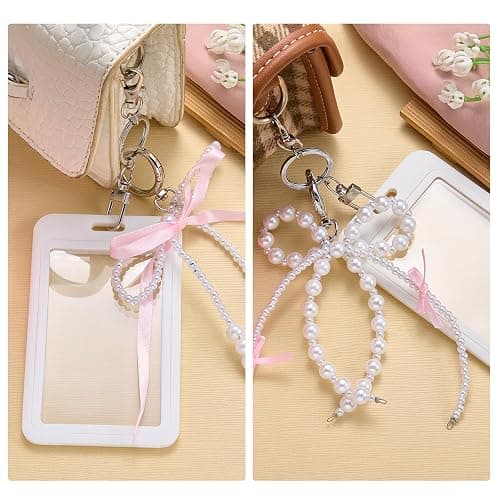 EVERJOYCRAFT 2 Sets Photocard Holder with Pearl Bow Cute Badge Holders | for 3.35"×2.07" Cards Decorative Protective Hard Acrylic Transparent Photocard Bus ID Bank Idol Card Case Keychain Bag Charm thumbnail 6