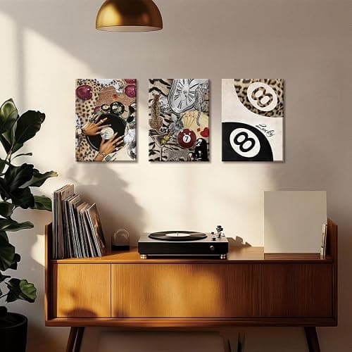 TUEASKY 3 Piece Leopard Canvas Wall Art Cheetah Framed Wall Art Funky 8 Ball Decor Black Girl Records Fashion Lucky Print for Bedroom Living Room Apartment Dorm 12x16in thumbnail 2