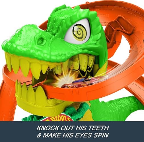 Hot Wheels Toy Car Track Set, City T-Rex Blaze Battle Playset & 1:64 Scale Die-Cast Vehicle, 18” Tall, Multiple Race Outcomes, Spinning Dinosaur Eyes thumbnail 3