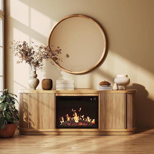 BELLEZE 67" Turin TV Stand with 23" Electric Fireplace Heater - Camel | Fluted Sliding Tambour Doors,For TV up to 75",Realistic Sound of Burning Matches - Image 1