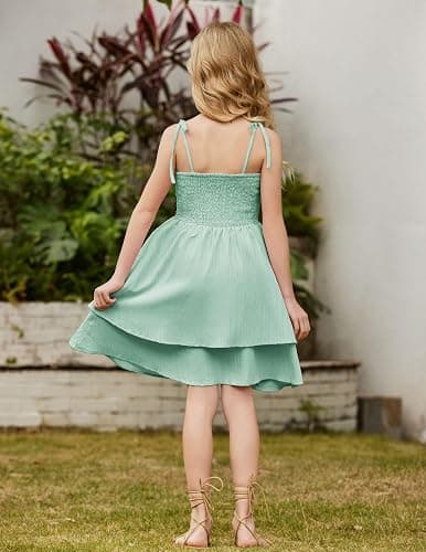 Arshiner Girls Summer Spaghetti Strap Dresses Flowy Tiered Ruched Smocked Back Casual Beach Midi Sundress - 9-10 Years - Green thumbnail 3
