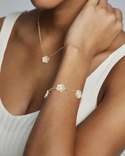 PAVOI 14K Gold Plated Clover Bracelets for Women - Flower Four Leaf Clover Bracelet - Mother of Pearl & Onyx Gemstone Lucky Flower Design - Adjustable Trendy Jewelry Gifts thumbnail 2